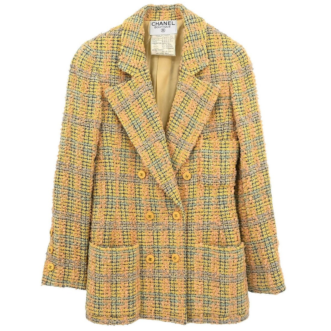 Chanel Vintage Yellow Double Breasted Jacket #36 Silk Lining: Chanel Vintage Yellow Double Breasted Jacket #36 Silk Lining This Chanel Double Breasted Jacket is a vintage piece crafted from a luxurious blend of materials, featuring 72% wool, 25% angora, and 3% n
