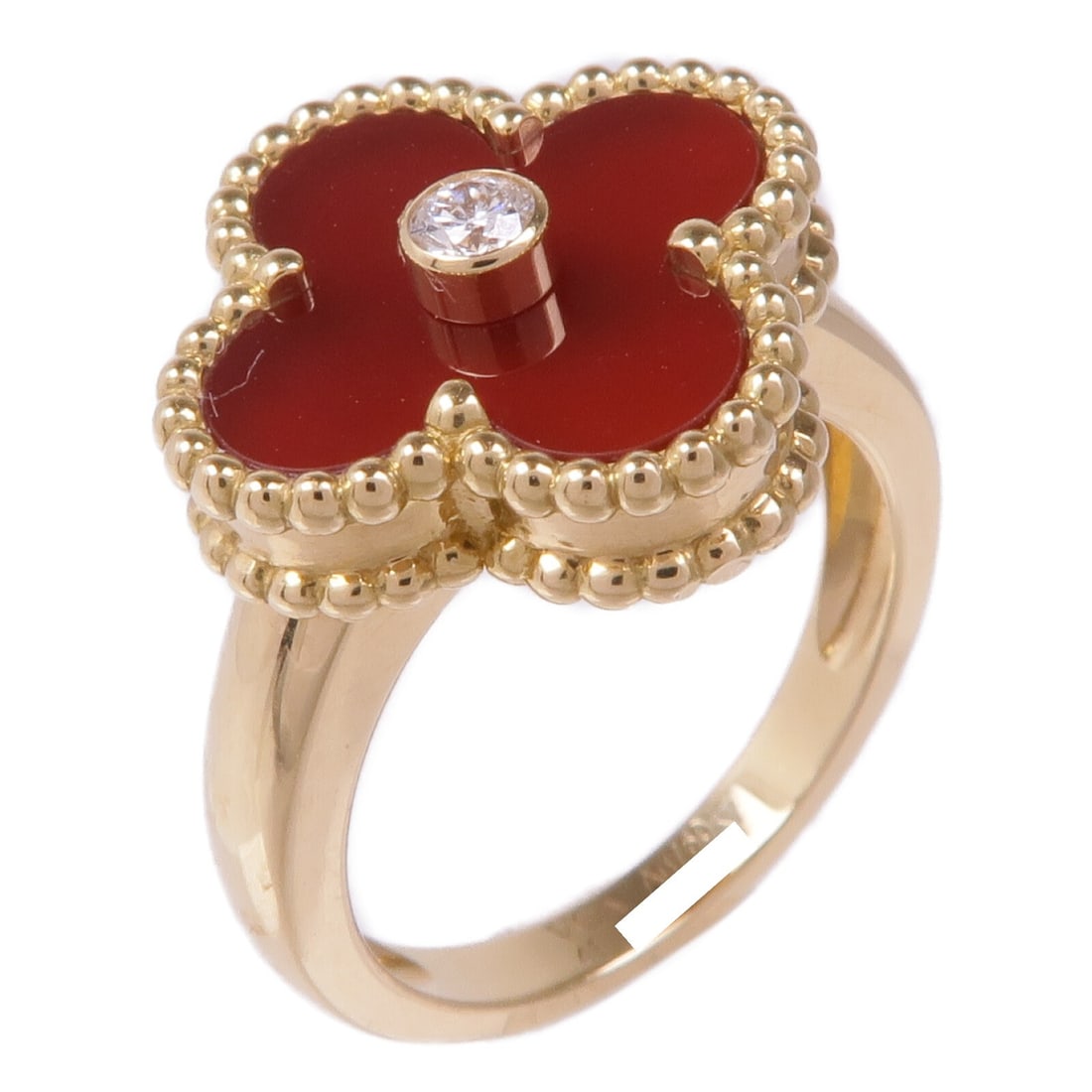 Van Cleef & Arpels Vintage Alhambra Ring Onyx Diamond 18K Gold Size 4.5: Van Cleef & Arpels Vintage Alhambra Ring Onyx Diamond 18K Gold Size 4.5 This exquisite Van Cleef & Arpels Vintage Alhambra Ring showcases a stunning blend of K18 yellow gold and rich red onyx. The rin