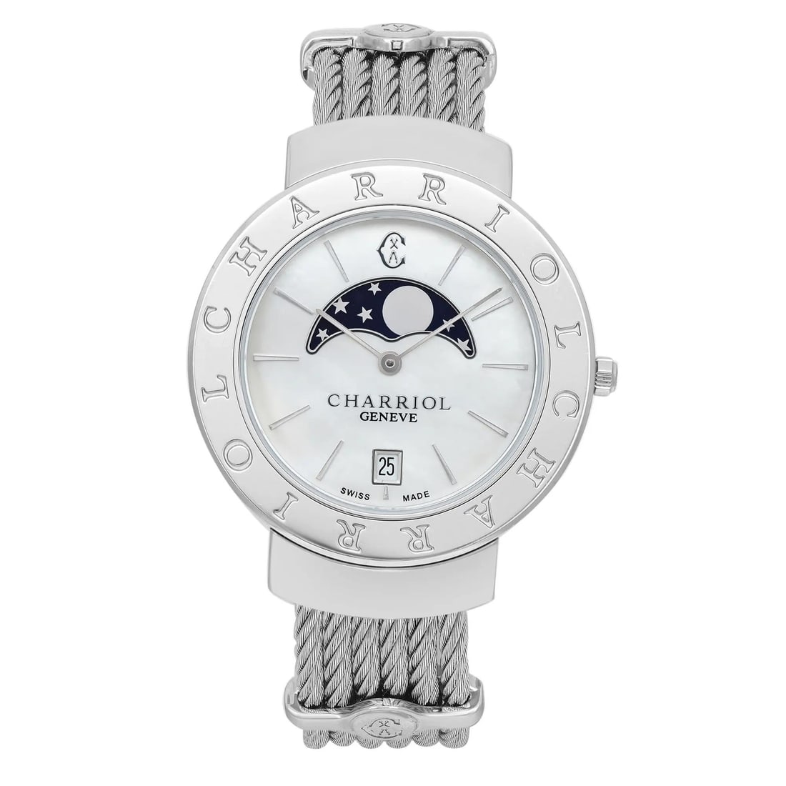 Charriol St Tropez Moonphase 35mm Diamond MOP Dial Quartz Ladies Watch: Charriol St Tropez Moonphase 35mm Diamond MOP Dial Quartz Ladies Watch The Charriol St Tropez Moonphase Ladies Watch is a stunning accessory that combines classic elegance with modern functionality. T