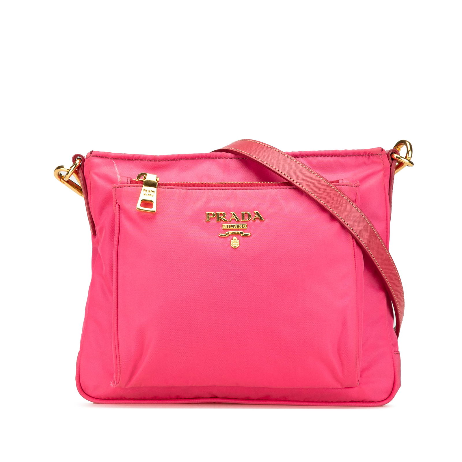 Prada Tessuto Zip Top Crossbody Pink Nylon Bag: Prada Tessuto Zip Top Crossbody Pink Nylon Bag Elevate your style with the Prada Tessuto Zip Top Crossbody bag, a blend of functionality and chic design. Crafted from durable nylon, this pink crossbod