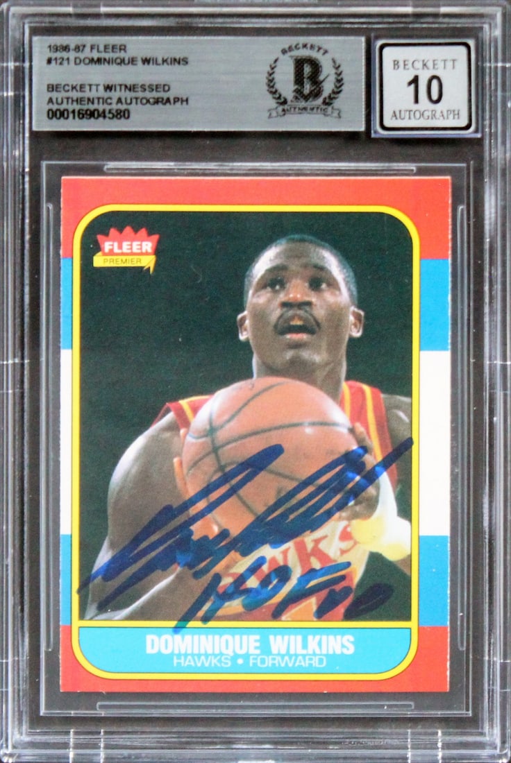 Dominique Wilkins Signed 1986 Fleer #121 RC HOF 06 Gem Mint 10 Beckett Authentic: Dominique Wilkins Signed 1986 Fleer #121 RC HOF 06 Gem Mint 10 Beckett Authentic Celebrate basketball history with this incredible 1986 Fleer #121 Rookie Card featuring Dominique Wilkins, personally s