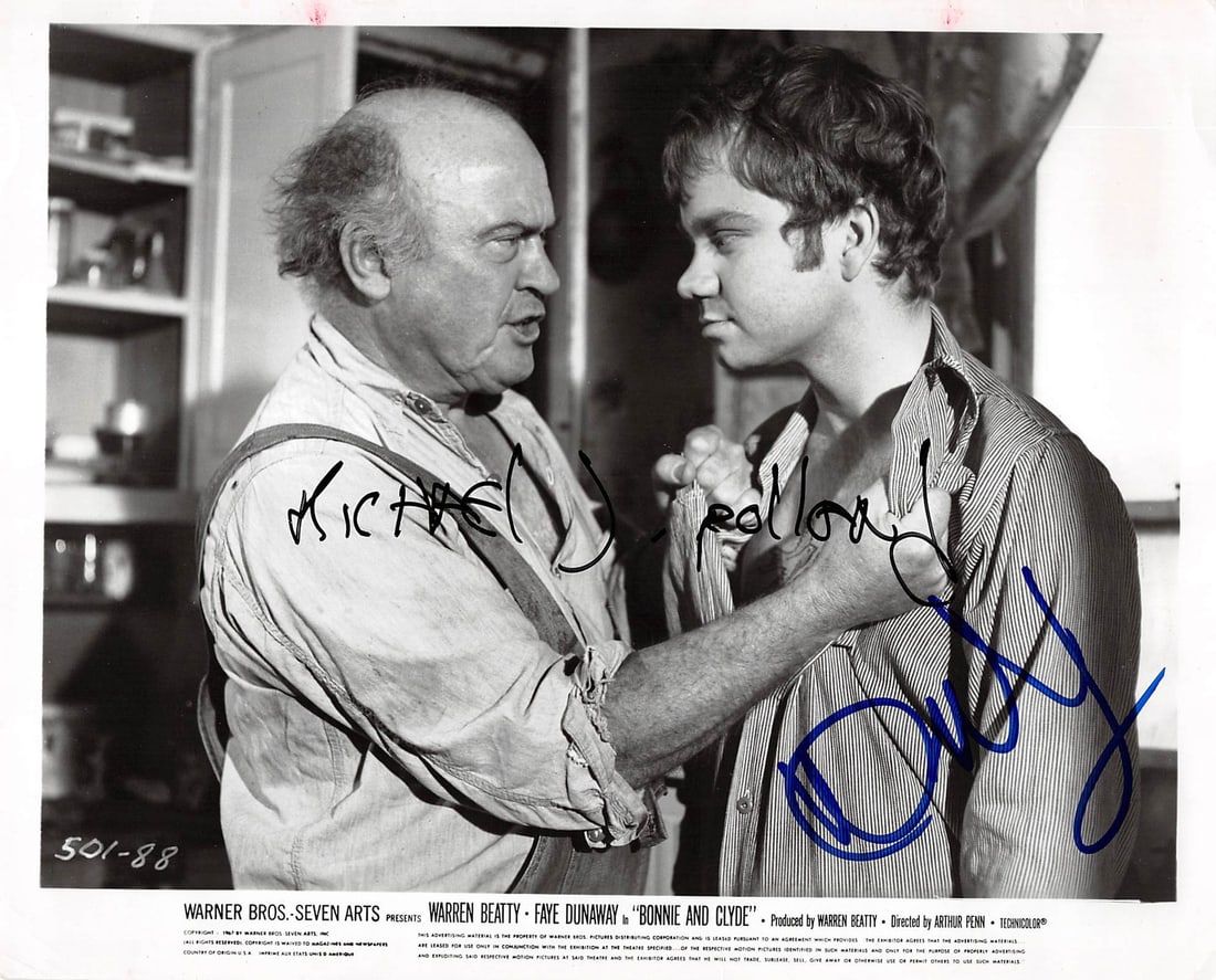 Bonnie and Clyde Signed 8x10 Photo by Polland and Taylor BAS Certified: Bonnie and Clyde Signed 8x10 Photo by Polland and Taylor BAS Certified This striking 8x10 photograph features the signatures of Michael J. Polland and Dub Taylor, both known for their roles in the ico