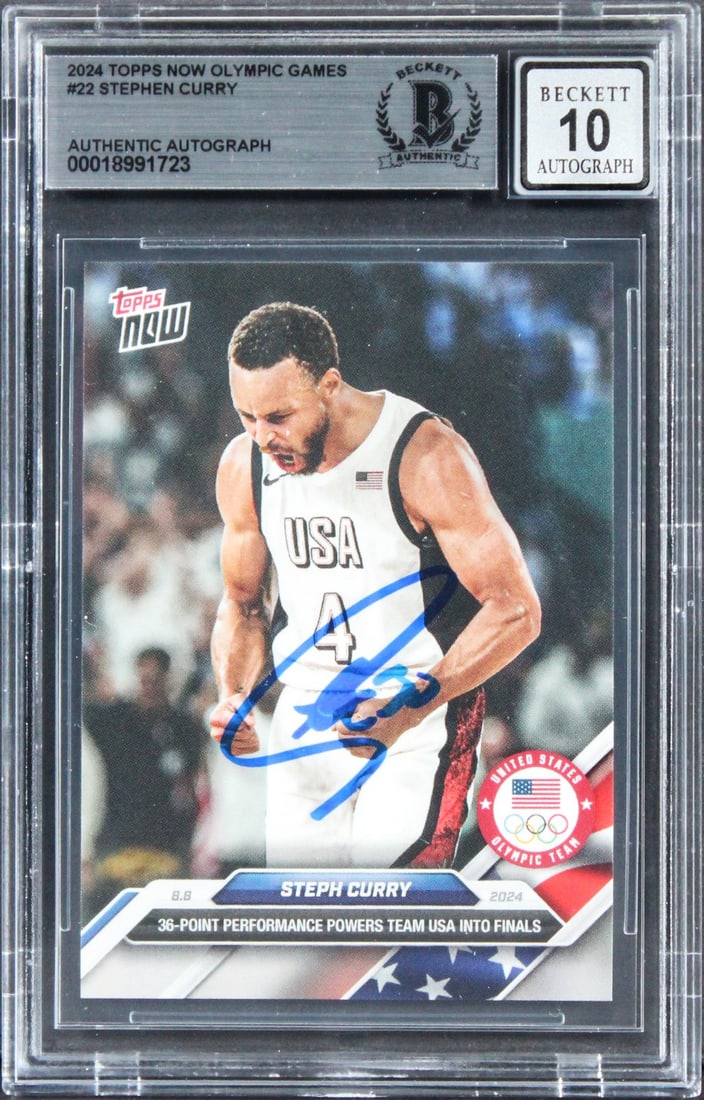 Stephen Curry Signed 2024 Topps Olympic #22 Card Gem Mint 10 Beckett: Stephen Curry Signed 2024 Topps Olympic #22 Card Gem Mint 10 Beckett This 2024 Topps Now Olympic Games #22 card features a stunning autograph from Stephen Curry of the Golden State Warriors, graded Ge