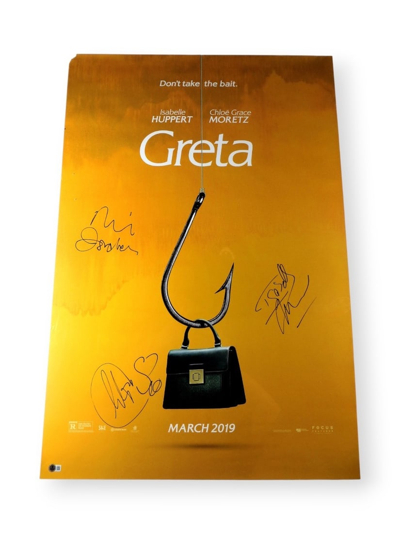 Greta Multi Signed 27X40 Poster Huppert Moretz Jordan Beckett Authenticated: Greta Multi Signed 27X40 Poster Huppert Moretz Jordan Beckett Authenticated This original 27" x 40" poster features multiple autographs from acclaimed personalities including Isabelle Huppert, Chloe G