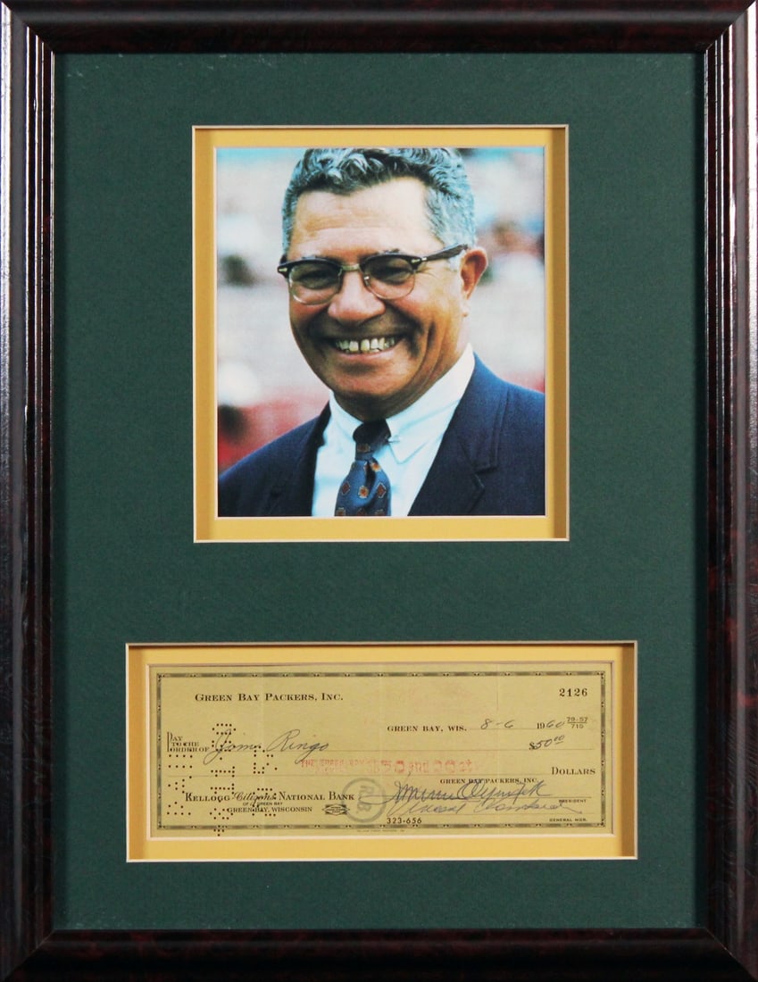 Vince Lombardi Signed Framed 1960 Green Bay Packers Check BAS AE13294: Vince Lombardi Signed Framed 1960 Green Bay Packers Check BAS AE13294 This remarkable piece features a signed and framed check from Vince Lombardi, the legendary coach of the Green Bay Packers. Dated