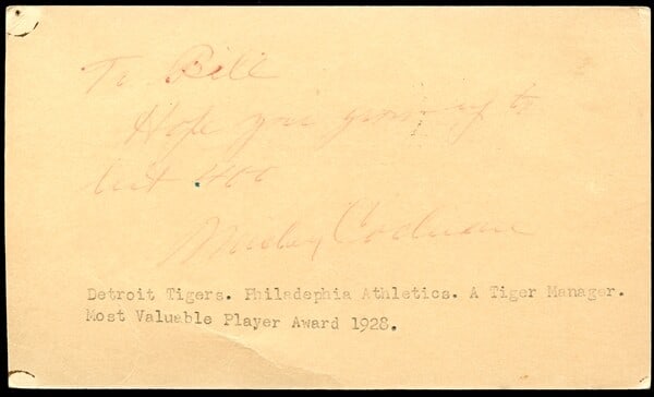 Mickey Cochrane Autographed 1949 Government Postcard JSA COA: Mickey Cochrane Autographed 1949 Government Postcard JSA COA This authentic 1949 government postcard features a red ballpoint signature and inscription from Hall of Famer Mickey Cochrane. Postmarked i