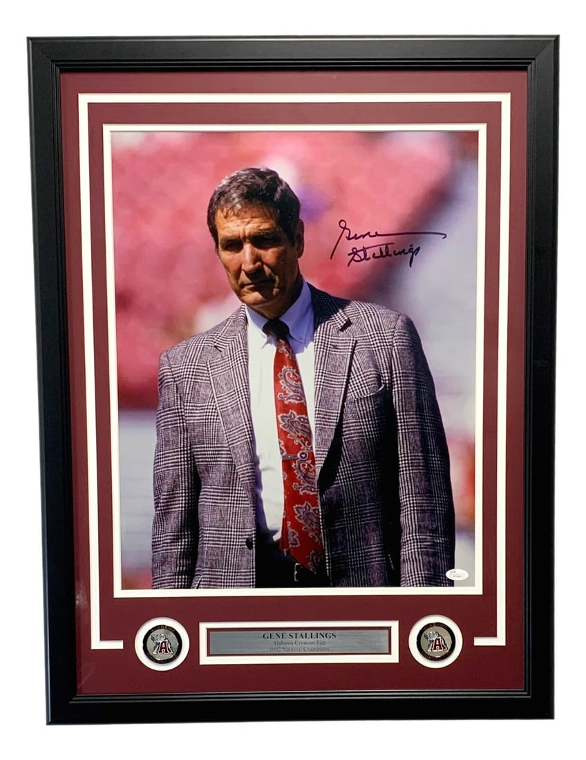 Gene Stallings Autographed 16x20 Photo Framed Alabama JSA Certified: Gene Stallings Autographed 16x20 Photo Framed Alabama JSA Certified This framed 16x20 photo features a striking image of Gene Stallings, a celebrated football coach known for his time with the Alabama