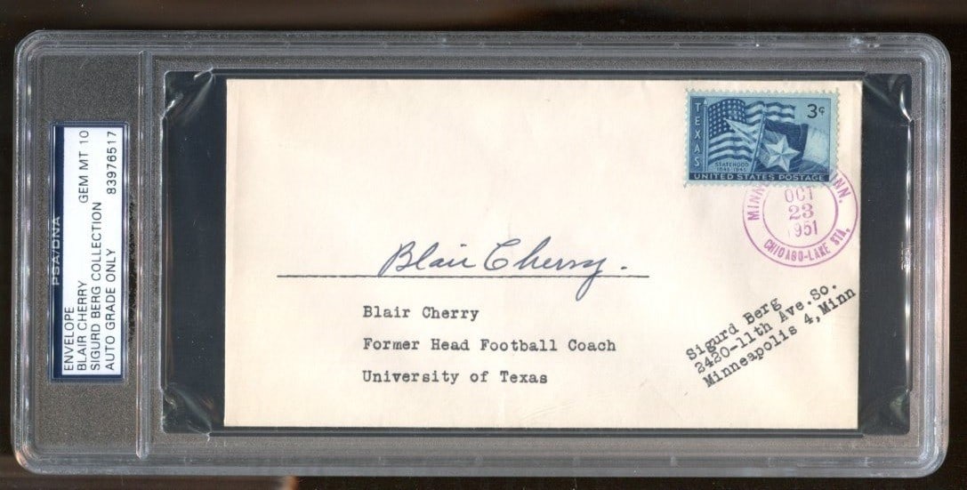 Blair Cherry Signed FDC Autographed Texas Longhorns Coach 1966 PSA/DNA: Blair Cherry Signed FDC Autographed Texas Longhorns Coach 1966 PSA/DNA This is an authentic signed First Day Cover (FDC) featuring the autograph of Blair Cherry, the Texas Longhorns coach from 1966. T
