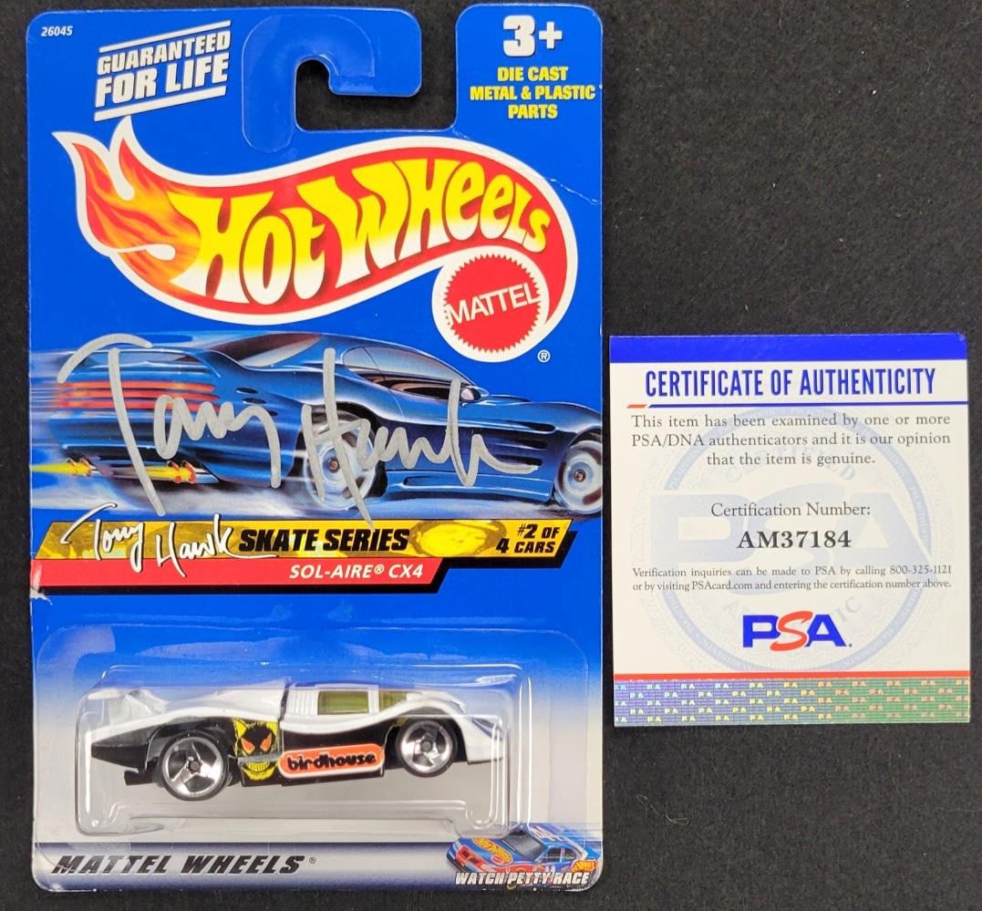 Tony Hawk Signed Sol-Aire CX4 Hot Wheel Die Cast LE 2000 PSA: Tony Hawk Signed Sol-Aire CX4 Hot Wheel Die Cast LE 2000 PSA This Tony Hawk signed autograph Sol-Aire CX4 Hot Wheel die-cast car is a must-have for skateboarding enthusiasts and collectors alike. The