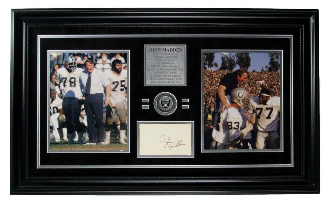 John Madden HOF Raiders Framed 8x10 Photo with Signed Index Card: John Madden HOF Raiders Framed 8x10 Photo with Signed Index Card This framed display features an original 8x10 photograph of John Madden, the legendary Hall of Fame coach of the Oakland Raiders, along