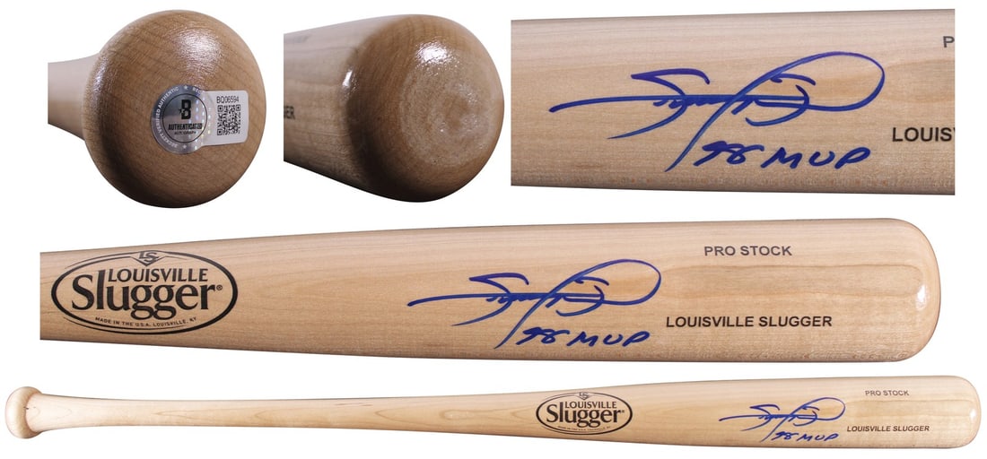 Signed Sammy Sosa 98 MVP Blonde Louisville Slugger Bat BAS Authentic: Signed Sammy Sosa 98 MVP Blonde Louisville Slugger Bat BAS Authentic This authentic autographed blonde Louisville Slugger Pro Stock baseball bat features the inscription "98 MVP" and has been personal