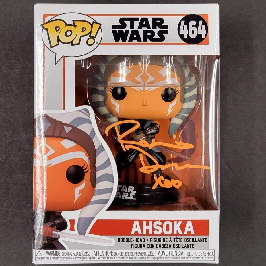 Rosario Dawson Ahsoka Tano Signed Funko Pop Star Wars SWAU Authenticated: Rosario Dawson Ahsoka Tano Signed Funko Pop Star Wars SWAU Authenticated This is a signed Funko Pop figure of Ahsoka Tano from the Star Wars franchise, featuring the autograph of Rosario Dawson. The f