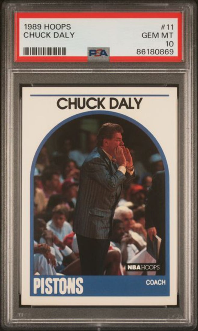 1989 Hoops Chuck Daly #11 Basketball Card PSA 10 Gem Mint: 1989 Hoops Chuck Daly #11 Basketball Card PSA 10 Gem Mint This is a graded 1989 Hoops basketball card featuring Chuck Daly, the esteemed coach of the Detroit Pistons. It has achieved a PSA grade of 10