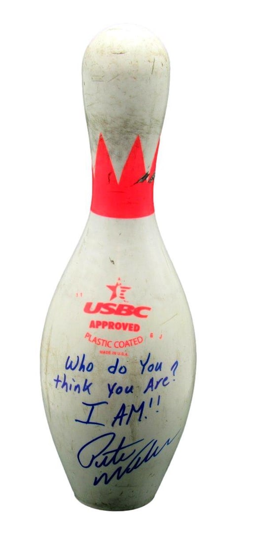 Pete Weber Signed USBC Score King Bowling Pin Inscribed JSA Authenticated: Pete Weber Signed USBC Score King Bowling Pin Inscribed JSA Authenticated This is an original Pete Weber Signed/Inscribed USBC Score King Bowling Pin, featuring the iconic phrase "Who do you think you