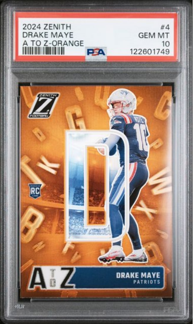 2024 Panini Zenith Drake Maye #4 RC Card PSA 10 Mint: 2024 Panini Zenith Drake Maye #4 RC Card PSA 10 Mint This is a graded 2024 Panini Zenith Drake Maye #4 A to Z Orange Rookie card, receiving a prestigious PSA 10 Mint grade. The card features Drake May