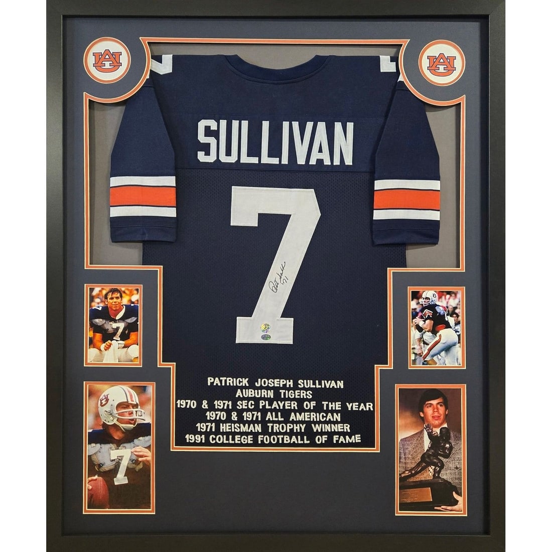 Pat Sullivan Framed Jersey Autographed GTSM Auburn Heisman: Pat Sullivan Framed Jersey Autographed GTSM Auburn Heisman This Pat Sullivan autographed framed jersey is a must-have for any Auburn fan. Authenticated by GTSM, a leading name in sports memorabilia au