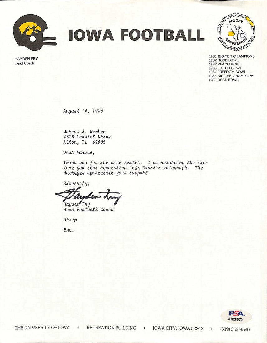 Hayden Fry Signed TLS Letter University of Iowa PSA/DNA Authenticated: Hayden Fry Signed TLS Letter University of Iowa PSA/DNA Authenticated This is an original TLS letter signed by Hayden Fry, the Head Football Coach of the University of Iowa. The letter comes with auth