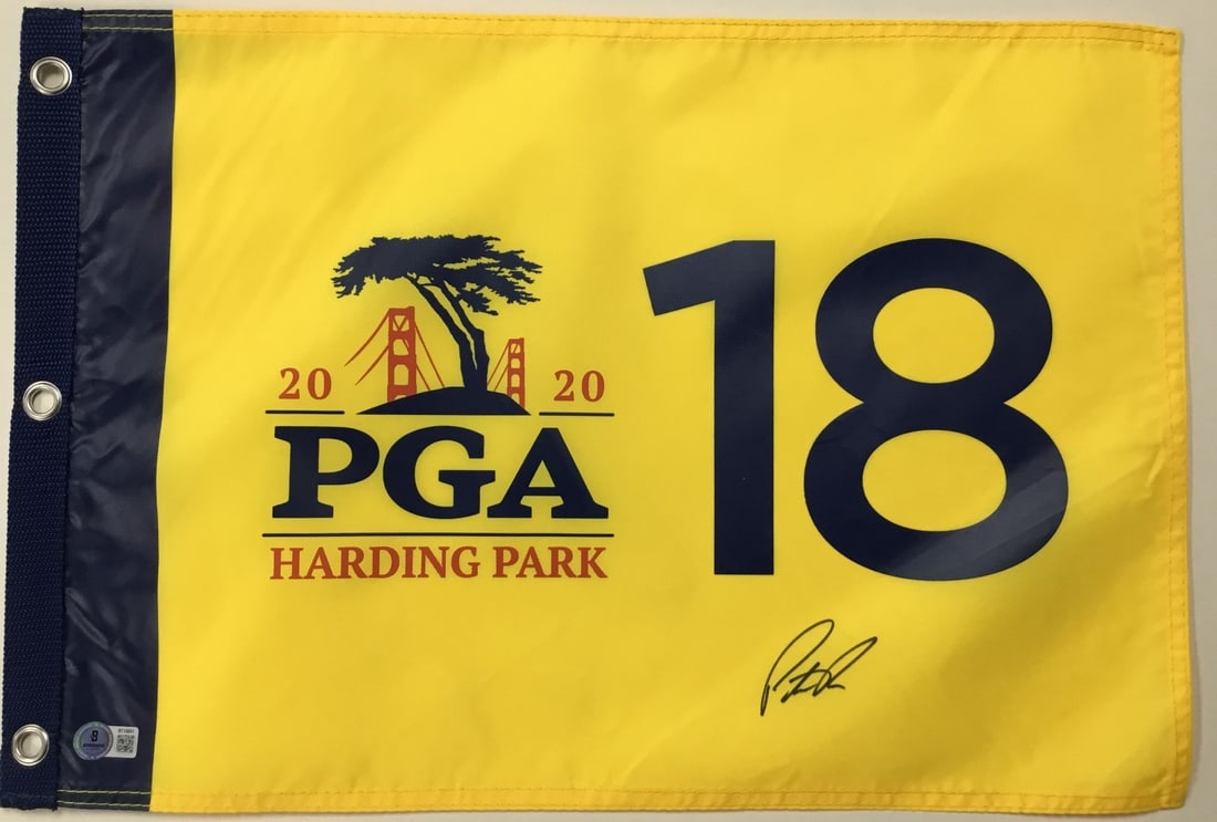Patrick Reed Signed 2020 PGA Harding Park Pin Flag Beckett Authenticated: Patrick Reed Signed 2020 PGA Harding Park Pin Flag Beckett Authenticated This is an official 2020 PGA Harding Park 18 Pin Flag, signed by PGA star Patrick Reed. The signature has been authenticated by