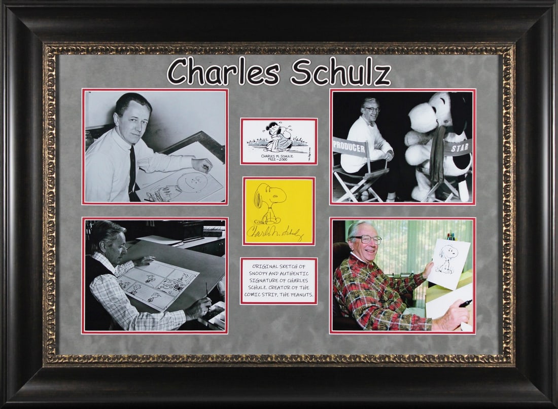 Framed Charles Schulz Signed Snoopy Sketch with JSA Certification: Framed Charles Schulz Signed Snoopy Sketch with JSA Certification This captivating piece features a hand-drawn sketch of Snoopy, intricately framed and personally signed by Charles Schulz, the beloved