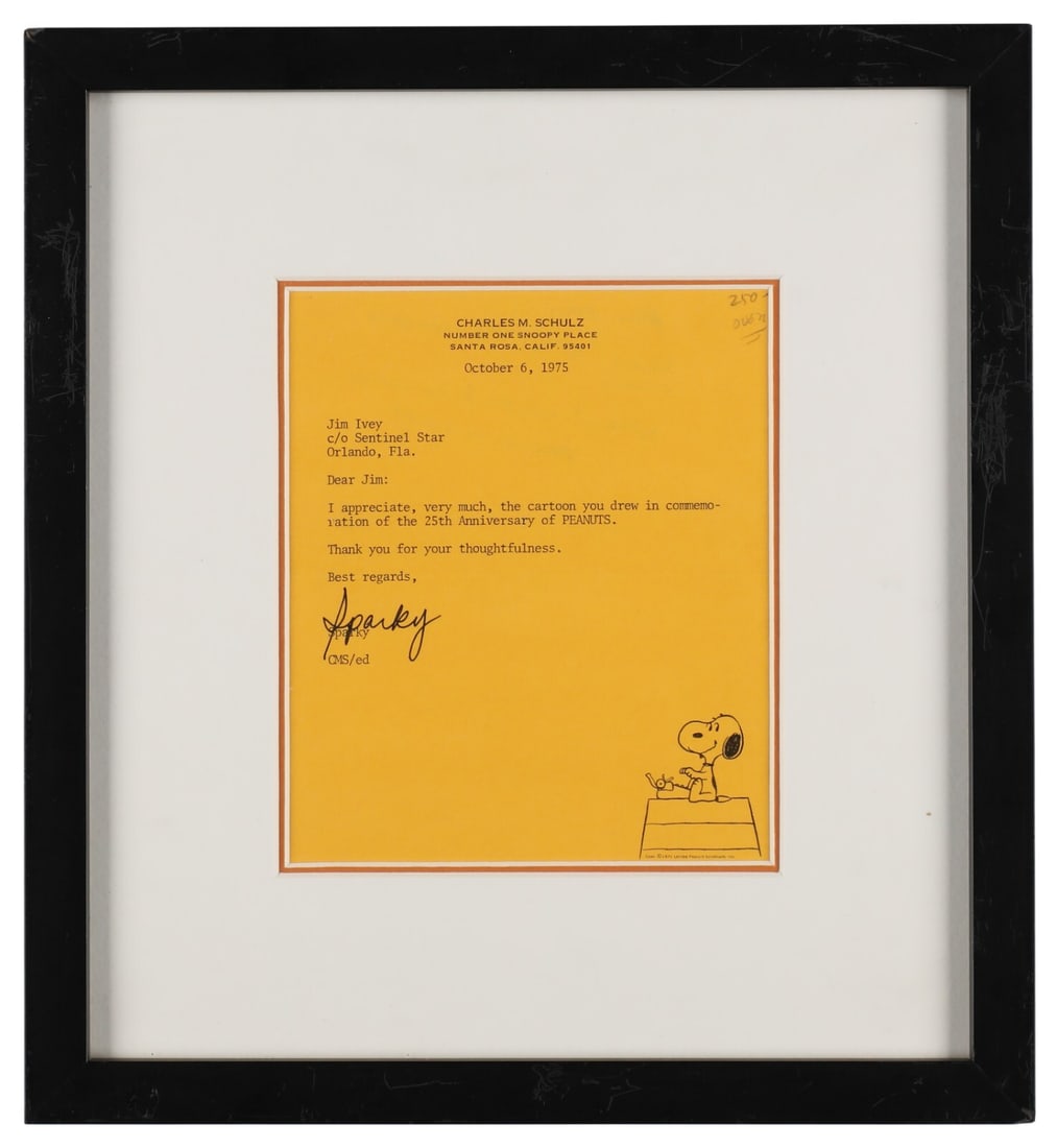 Charles Schulz Signed Sparky Framed Letter with Beckett COA 12 x 13: Charles Schulz Signed Sparky Framed Letter with Beckett COA 12 x 13 This original framed letter from Charles Schulz, signed as "Sparky," is a delightful collectible for any Peanuts fan. Dated October