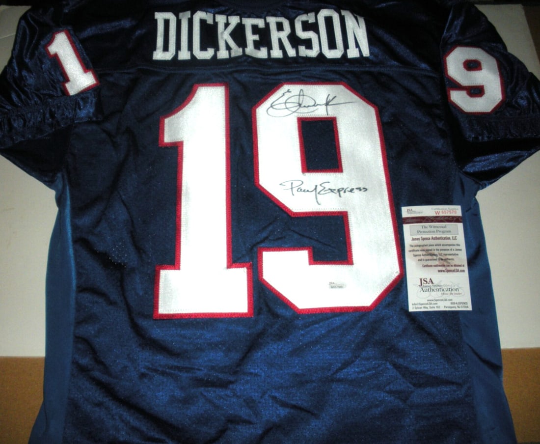 ERIC DICKERSON Signed Reebok Jersey with JSA COA SMU Mustangs Rams: ERIC DICKERSON Signed Reebok Jersey with JSA COA SMU Mustangs Rams This officially licensed Reebok jersey features the iconic design associated with Eric Dickerson, showcasing his connection to both t
