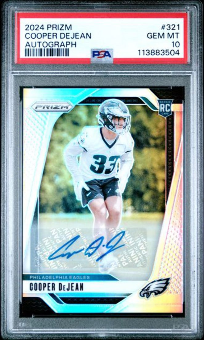 2024 Panini Prizm Cooper DeJean Autographed RC Football Card PSA 10: 2024 Panini Prizm Cooper DeJean Autographed RC Football Card PSA 10 This graded 2024 Panini Prizm Autograph Cooper DeJean #321 RC Football Card is a must-have for collectors. Authenticated by Professi
