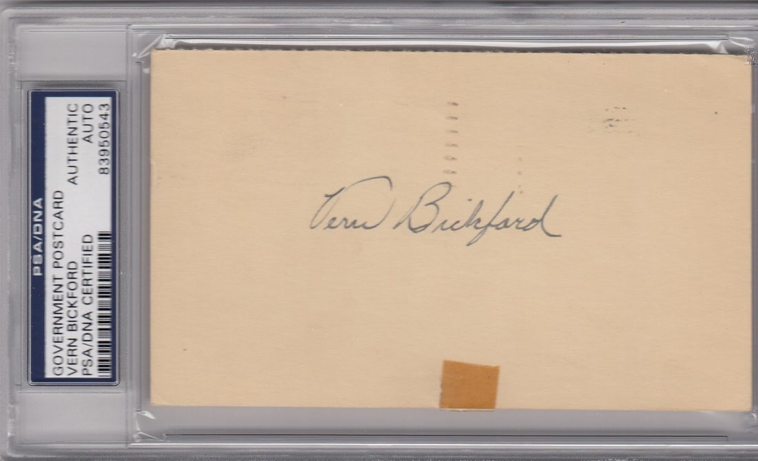Vern Bickford Signed 1950 GPC Braves No Hitter Postcard PSA/DNA: Vern Bickford Signed 1950 GPC Braves No Hitter Postcard PSA/DNA This is an original autographed postcard featuring Vern Bickford, commemorating his no-hitter game with the Braves in 1950. The autograp