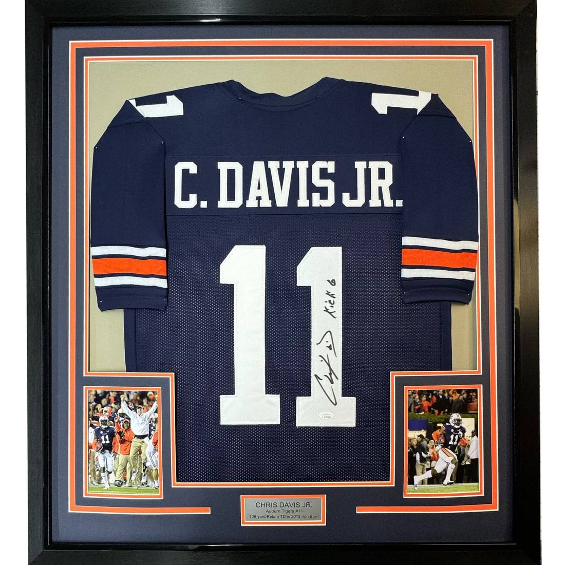 Framed Chris Davis Jr. Autographed Auburn Jersey 35x39 JSA COA: Framed Chris Davis Jr. Autographed Auburn Jersey 35x39 JSA COA This framed jersey features a stunning autographed blue jersey of Chris Davis Jr., showcasing his signature with authenticity verified by