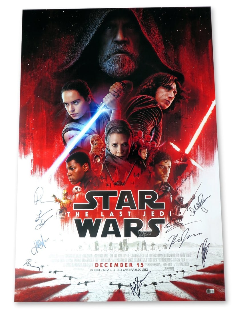 Star Wars Last Jedi Autographed 27x40 Poster Mark Hamill Daisy Ridley Adam Driver Beckett (1 of 5)