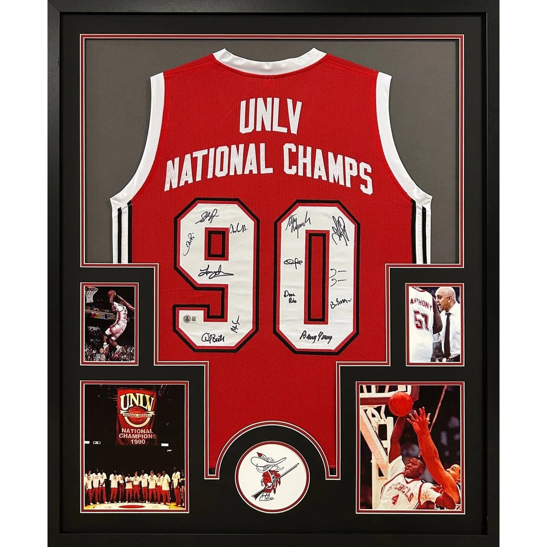 UNLV 1990 Signed Framed Jersey Beckett Authenticated with 12 Signatures: UNLV 1990 Signed Framed Jersey Beckett Authenticated with 12 Signatures This autographed UNLV team jersey is expertly framed and features the signatures of legendary players including Larry Johnson, S
