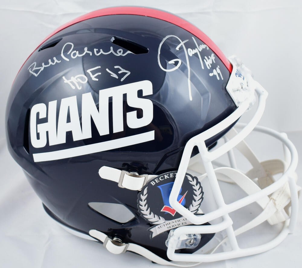 Bill Parcells Lawrence Taylor Signed Giants Full Size Helmet Beckett Authenticated: Bill Parcells Lawrence Taylor Signed Giants Full Size Helmet Beckett Authenticated This is an original full-size speed helmet signed by legendary New York Giants coach Bill Parcells and Hall of Famer