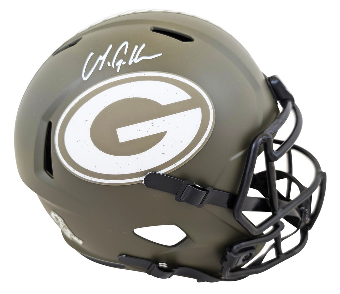 Matthew Golden Signed Green Bay Packers Salute To Service Helmet BAS Authenticated: Matthew Golden Signed Green Bay Packers Salute To Service Helmet BAS Authenticated This full-size Speed Replica Helmet is a special Salute To Service edition, personally signed by Matthew Golden of th