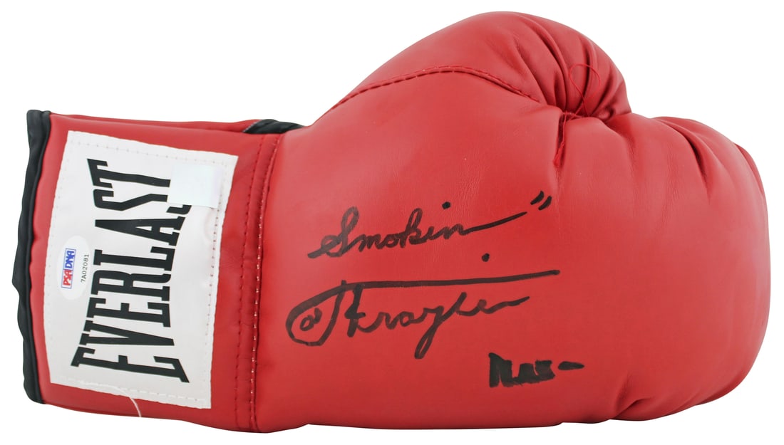 Muhammad Ali Joe Frazier Signed Red Everlast Glove PSA/DNA Certified: Muhammad Ali Joe Frazier Signed Red Everlast Glove PSA/DNA Certified This authentic red Everlast boxing glove features the signatures of legendary boxers Muhammad Ali and Joe Frazier, along with the i