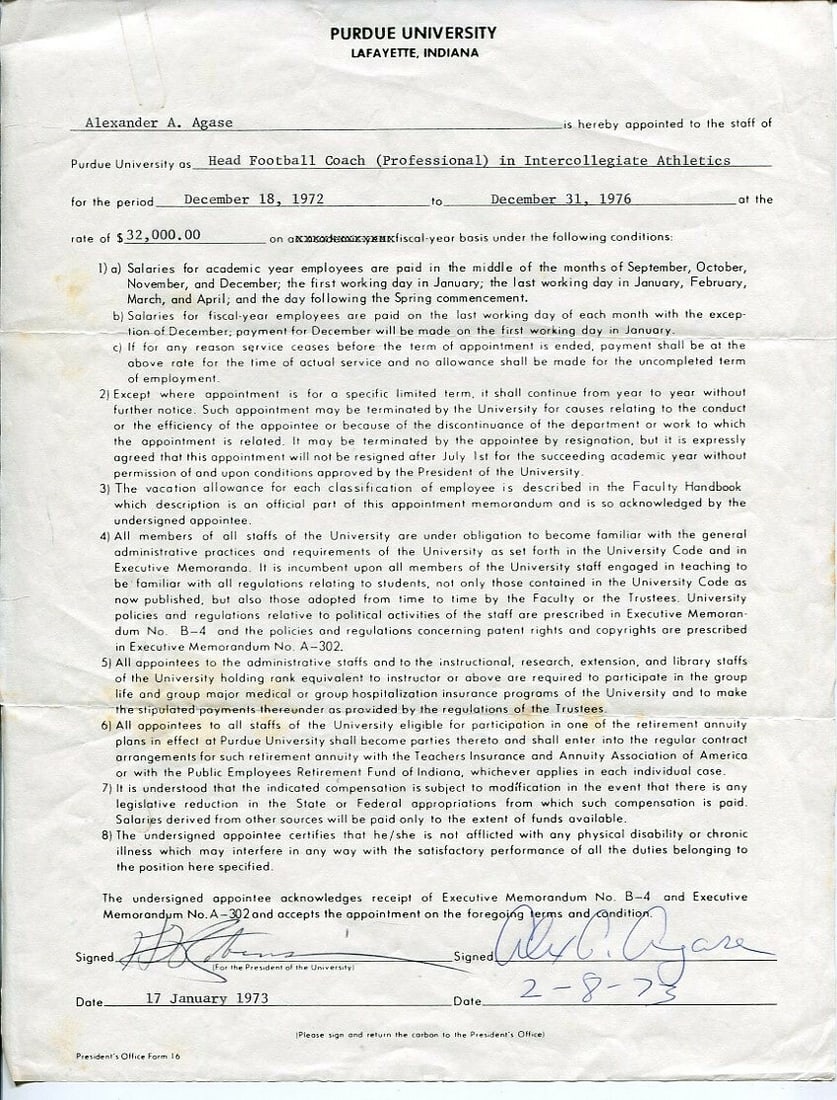 Alex Agase Signed Purdue Boilermakers Coaching Contract Authentic: Alex Agase Signed Purdue Boilermakers Coaching Contract Authentic This is an authentic signed head coaching contract of Alex Agase, who served as the head coach for the Purdue Boilermakers football te