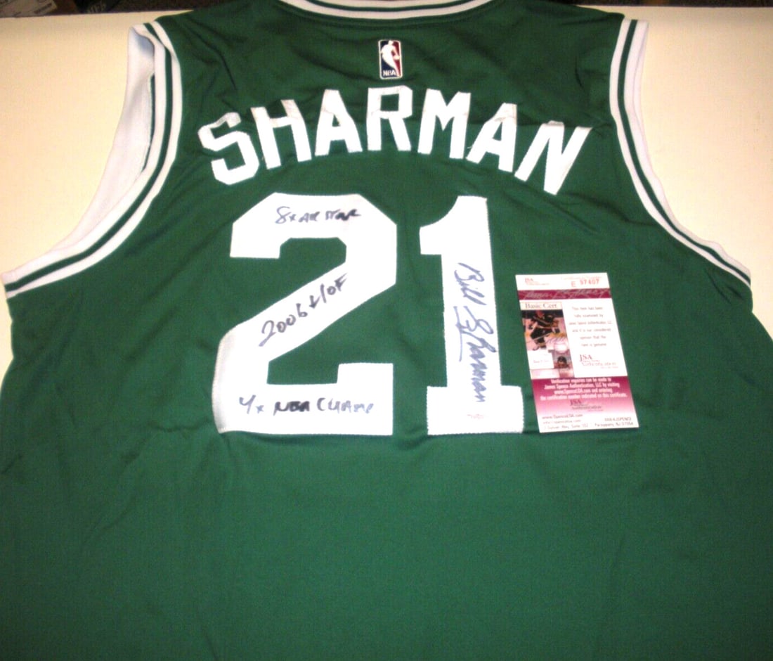 Bill Sharman Boston Celtics Signed Adidas Jersey with JSA COA: Bill Sharman Boston Celtics Signed Adidas Jersey with JSA COA This officially licensed Adidas jersey is a remarkable piece of memorabilia for any Boston Celtics fan. Signed by Hall of Famer Bill Sharm