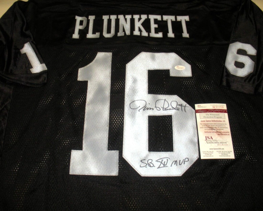 Jim Plunkett Oakland Raiders MVP Signed Reebok Jersey with JSA/COA: Jim Plunkett Oakland Raiders MVP Signed Reebok Jersey with JSA/COA Celebrate the legacy of Jim Plunkett with this officially licensed Reebok jersey, signed by the MVP himself. A perfect piece for any