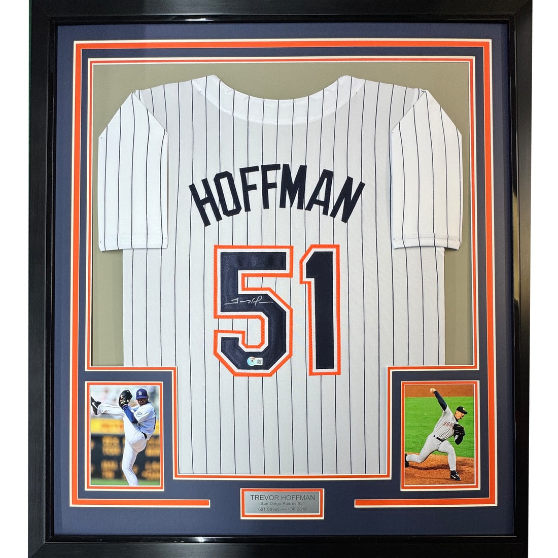 Framed Trevor Hoffman Autographed San Diego Jersey 33x42 BAS COA: Framed Trevor Hoffman Autographed San Diego Jersey 33x42 BAS COA This is a framed, autographed jersey of Trevor Hoffman, the legendary MLB player known for his outstanding career with the San Diego Pa