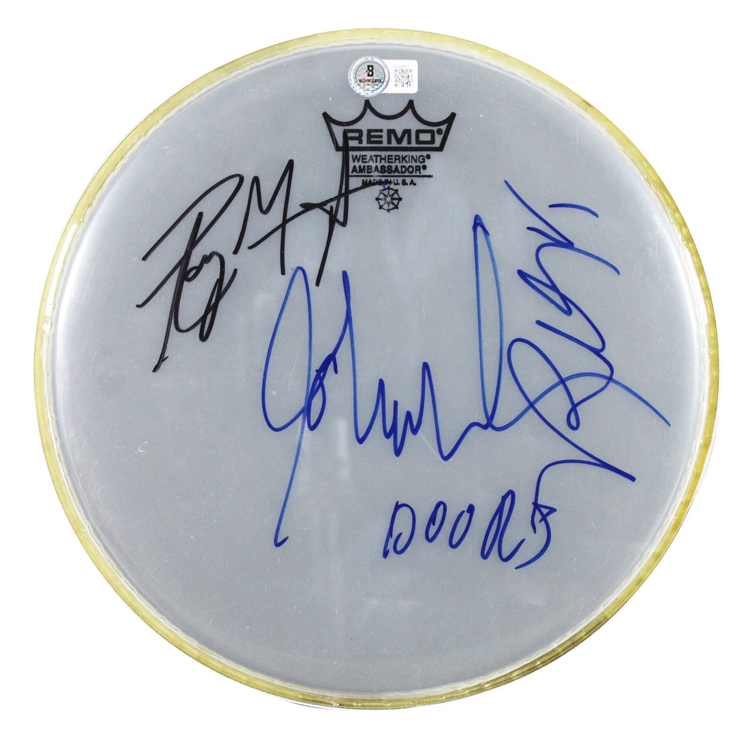 The Doors Signed 10 Inch Drum Head by Manzarek Densmore Krieger Beckett COA: The Doors Signed 10 Inch Drum Head by Manzarek Densmore Krieger Beckett COA This original 10-inch Remo drumhead is a remarkable collectible signed by legendary members of The Doors: Ray Manzarek, John