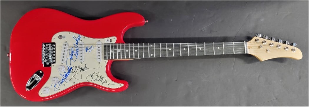 The Beach Boys Signed Electric Guitar Beckett Authenticated: The Beach Boys Signed Electric Guitar Beckett Authenticated This is an original autographed electric guitar from The Beach Boys, featuring the signatures of legendary members Brian Wilson, Al Jardine,
