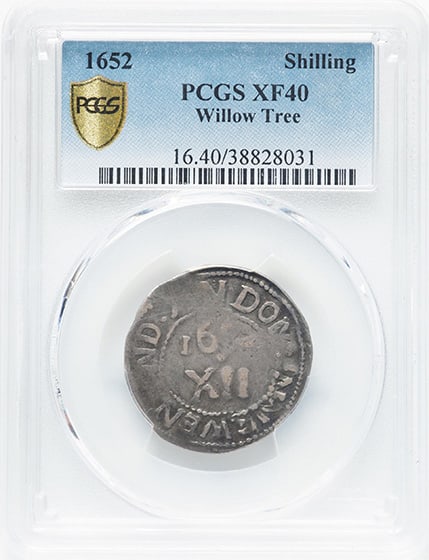1652 Willow Tree Shilling XF40 PCGS Rarity-7 John J Ford Pedigree: 1652 Willow Tree Shilling XF40 PCGS Rarity-7 John J Ford Pedigree This 1652 Willow Tree Shilling is graded XF40 by PCGS and is part of a rare series with a population of just 2 known in this condition