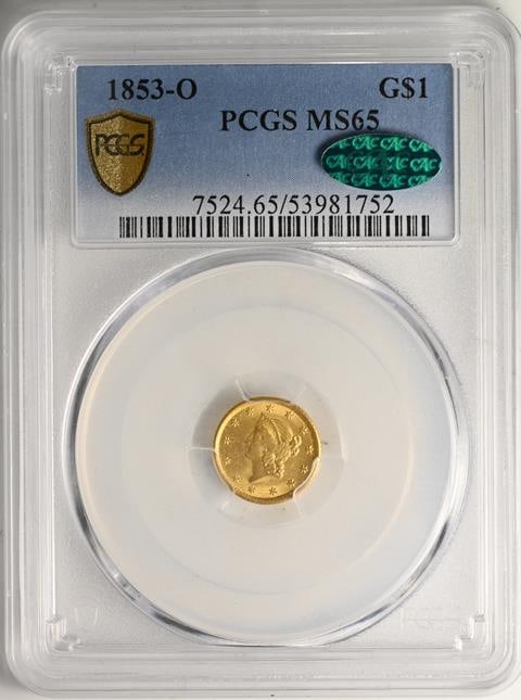 1853-O Gold Dollar Type 1 MS65 CAC Certified Coin: 1853-O Gold Dollar Type 1 MS65 CAC Certified Coin This 1853-O Gold Dollar, Type 1, graded MS65 by PCGS, showcases stunning gem satin lustrous surfaces. With a population of only 7 coins at this grade