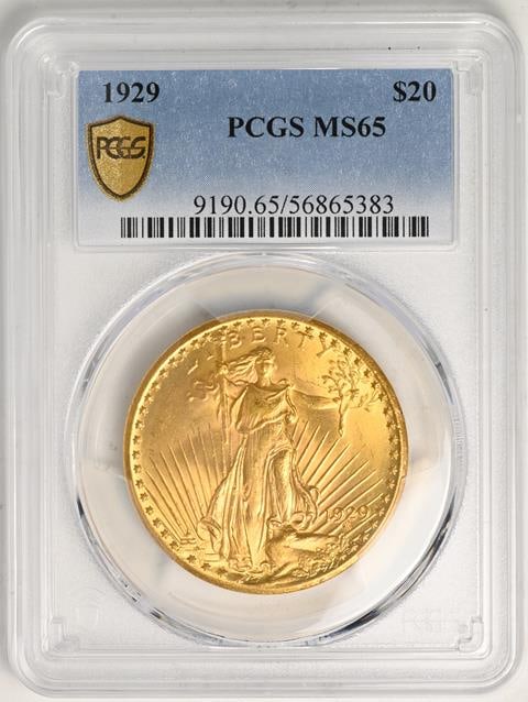 1929 St. Gaudens $20 Gold Coin MS65 PCGS Gem Satin Finish: 1929 St. Gaudens $20 Gold Coin MS65 PCGS Gem Satin Finish This 1929 St. Gaudens $20 coin is graded MS65 by PCGS, showcasing GEM satin lustrous surfaces. It represents a key late date in the St. Gauden
