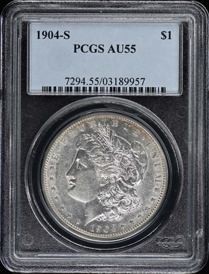 1904-S Morgan Dollar PCGS AU55 San Francisco Certified Coin: 1904-S Morgan Dollar PCGS AU55 San Francisco Certified Coin This 1904-S Morgan Dollar is certified by PCGS with a grade of AU55, indicating it is in circulated condition and displays a rich history. M