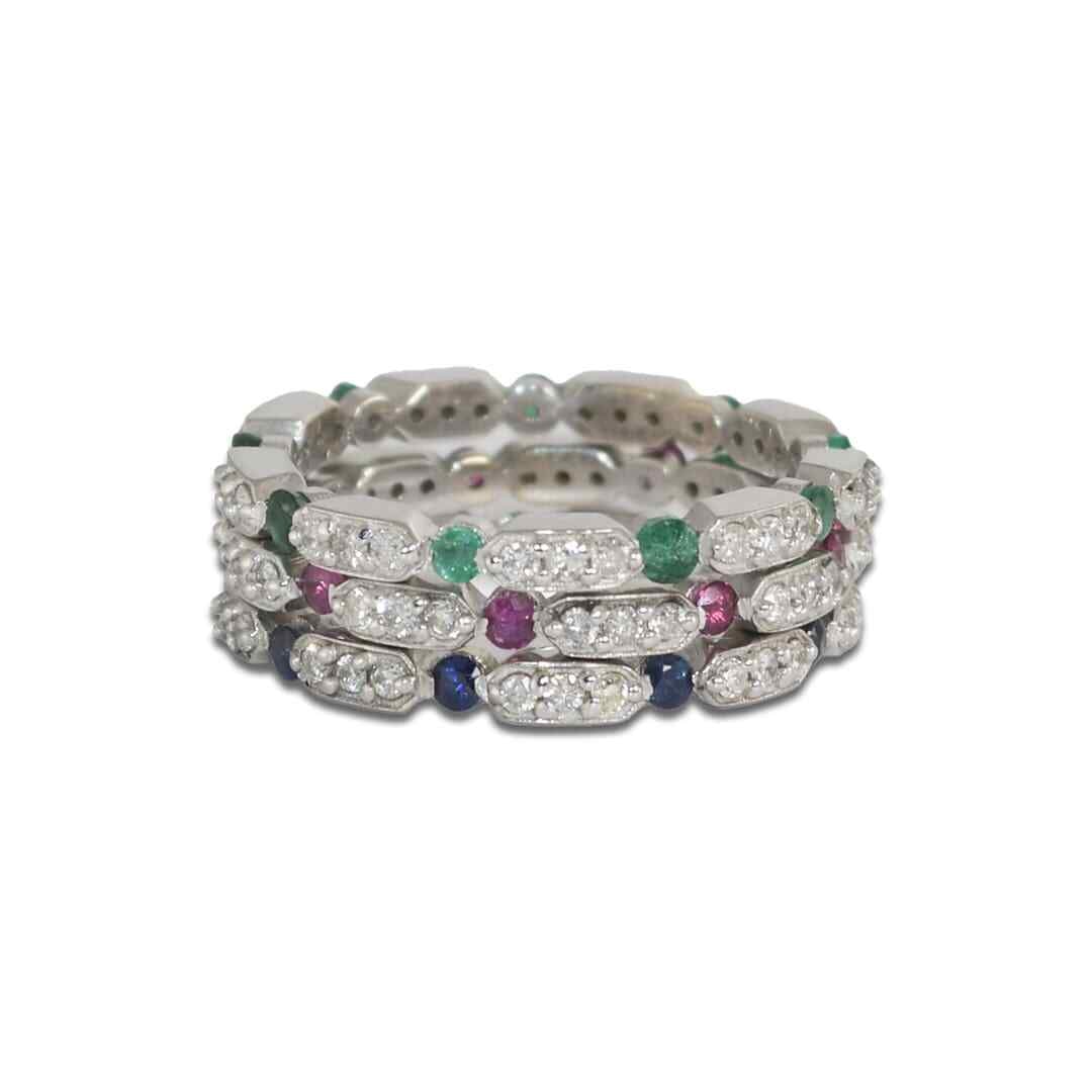 14K White Gold Stackable Multi-Stone Rings with Diamonds and Gemstones: 14K White Gold Stackable Multi-Stone Rings with Diamonds and Gemstones This exquisite set of multi-stone stackable rings is crafted from 14K white gold, offering a sophisticated touch to any jewelry c