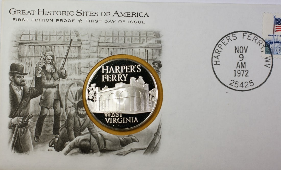 1972 Franklin Mint Harper's Ferry Historic Sites Silver Medal: 1972 Franklin Mint Harper's Ferry Historic Sites Silver Medal This 1972 Harper's Ferry, WV Great Historic Sites Medal is a stunning piece issued by the Franklin Mint. Crafted from .925 fine silver, th