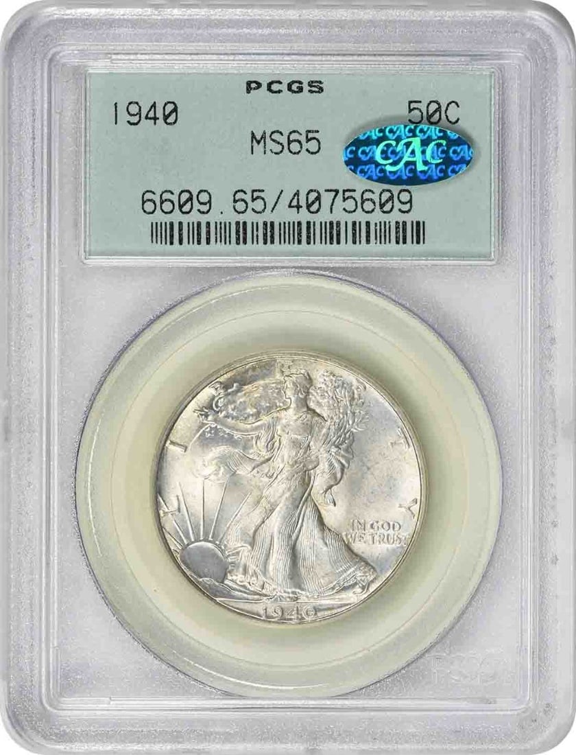 1940 Walking Liberty Half Dollar MS65 PCGS OGH Silver Coin: 1940 Walking Liberty Half Dollar MS65 PCGS OGH Silver Coin This 1940 Walking Liberty Silver Half Dollar is a stunning example of numismatic artistry, graded MS65 by PCGS and featuring CAC certificatio