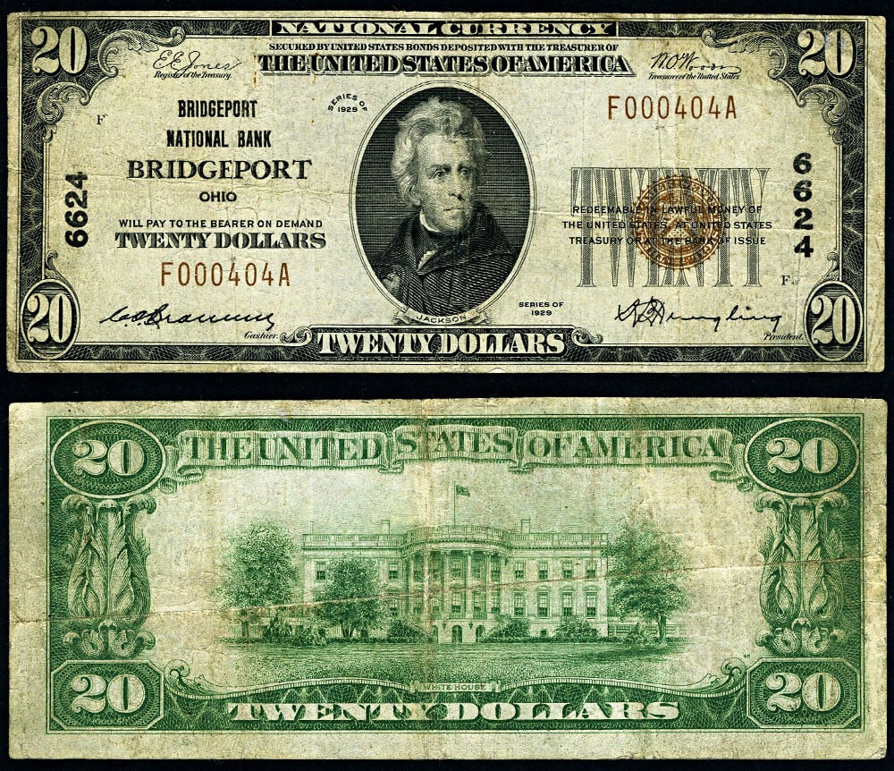 1929 T-1 $20 National Bank Note Bridgeport Ohio Ch #6624 Fine+: 1929 T-1 $20 National Bank Note Bridgeport Ohio Ch #6624 Fine+ This is a 1929 T-1 National Bank Note from Bridgeport, Ohio, with a denomination of $20. The bank note is classified as Fine+ and has bee