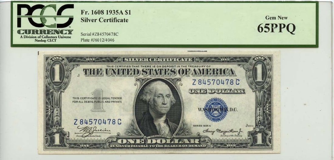 1935A $1 Silver Certificate FR#1608 PCGS Gem 65 PPQ: 1935A $1 Silver Certificate FR#1608 PCGS Gem 65 PPQ This 1935A $1 Silver Certificate (FR#1608) is a remarkable addition to any currency collection. Graded as Gem 65 by PCGS, this note is in uncirculat