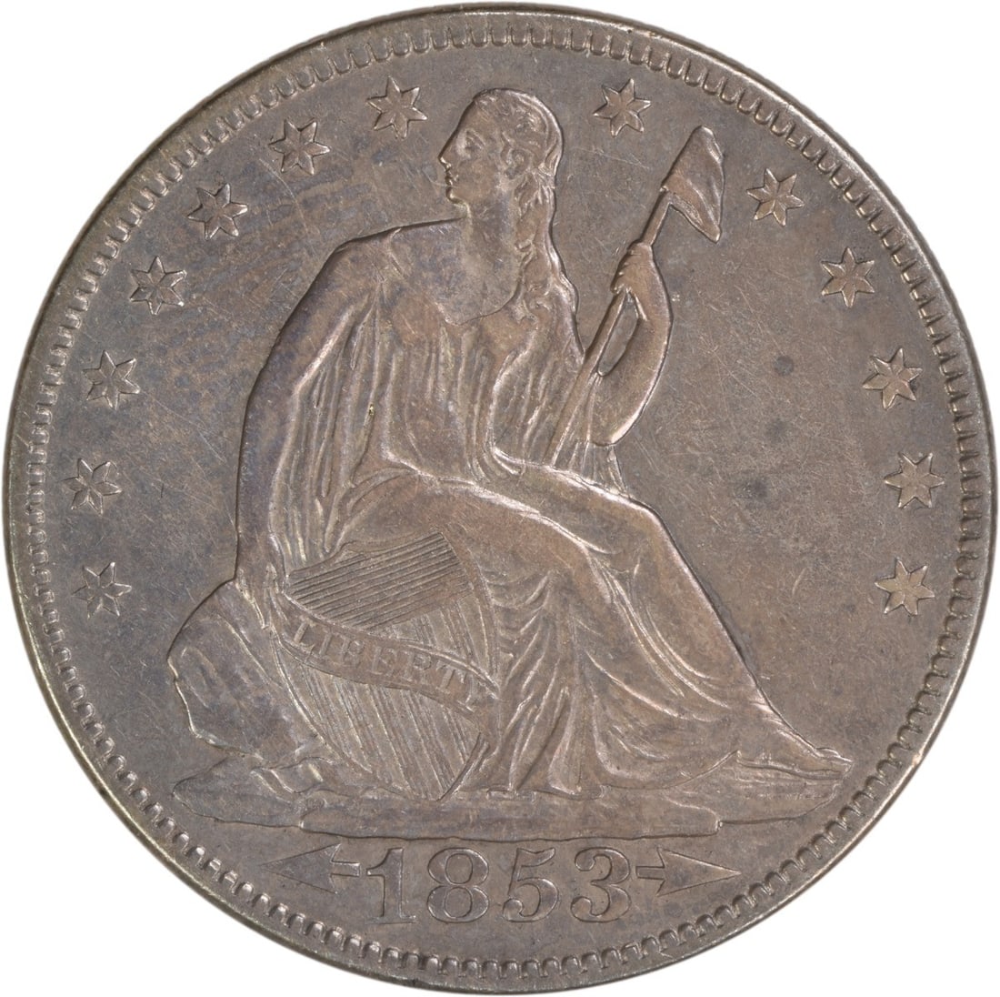 1853 Liberty Seated Silver Half Dollar 50C Uncertified Arrows Rays: 1853 Liberty Seated Silver Half Dollar 50C Uncertified Arrows Rays This 1853 Liberty Seated Silver Half Dollar showcases the elegant design originally crafted by Thomas Sully and Christian Gobrecht. T