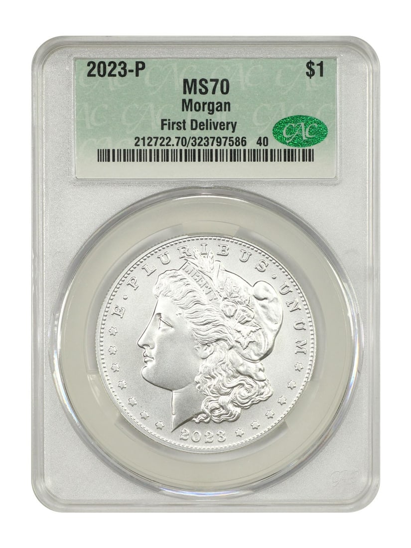 2023-P Morgan Dollar CACG MS70 First Delivery Uncirculated: 2023-P Morgan Dollar CACG MS70 First Delivery Uncirculated This 2023-P $1 Morgan Dollar is certified by CACG with a perfect grade of MS70, indicating it is uncirculated and in pristine condition. Mint